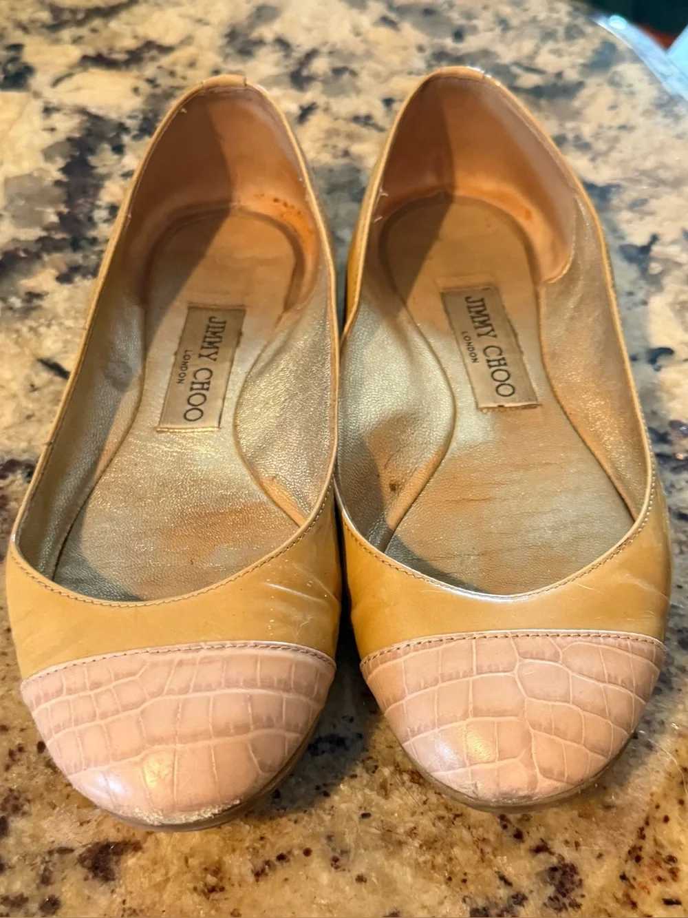 Jimmy Choo Nude/Yellow Leather Ballet Flats with Beige Croc-Toe size 5